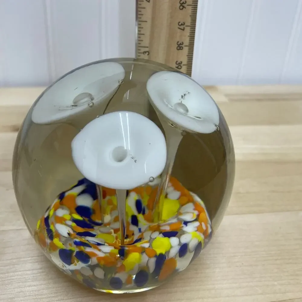 Art Glass Paper Weight White Mushrooms in Colorful Rock Bed Good Condition